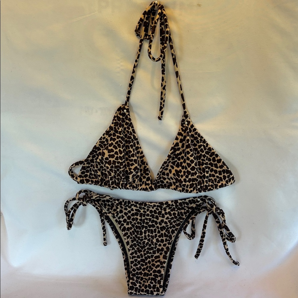 VINTAGE 1980’s SEXY LEOPARD PRINT BRAZILIAN STYLE STRING TIE THONG BIKINI SET- M - Picture 4 of 13